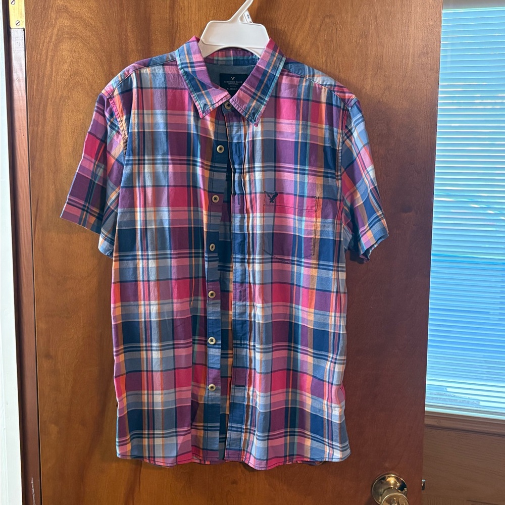 American Eagle Classic Fit Plaid Shirt - Pink and Blue
